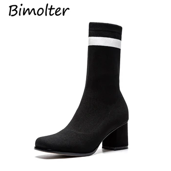 

Bimolter New Women Strech Fabric Boots Street Outdoor Girl's 6cm High Heels Boots Mid-Claf Boots Female Fashion Shoes PAEB006