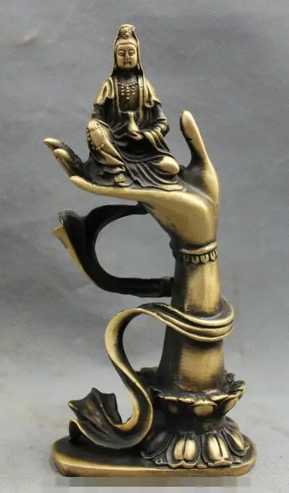 

S7306 Chinese Bronze Pot Kwan-yin GuanYin Buddha Goddess On Lotus Buddha Hand Statue D0318