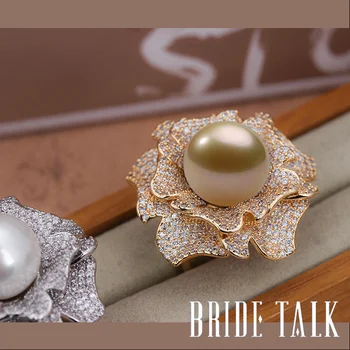 

Famous Brand New Style Big Ring Camellia Shape Cubic Zirconia For Women Evening Party Wedding Pearl Rings