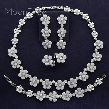 

MoonTree Luxury Trendy Flower Full Mirco Paved Cubic Zirconia Women Wedding Bridal Necklace Bracelet Earring Ring Set