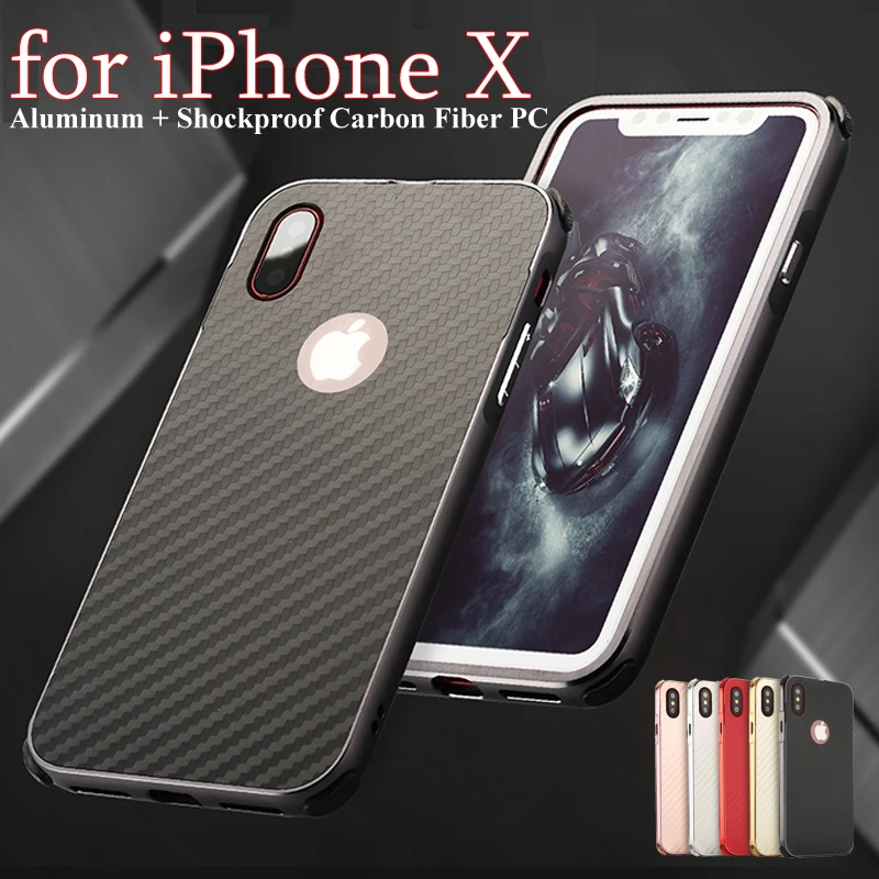 

Phone Case For iPhone X Aluminum Metal Frame + Shockproof Carbon Fiber PC Back Cover Cases For iPhone 10
