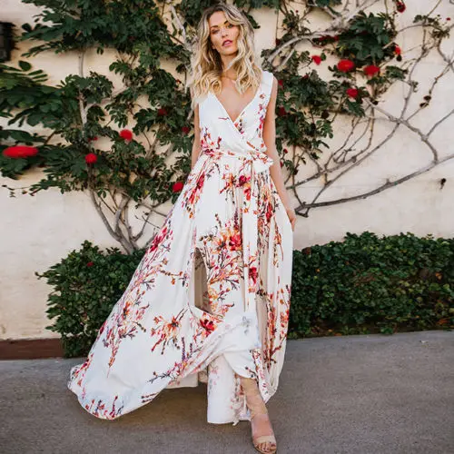 

2018 Women Boho Long Spilt Floral Maxi Dress Ladies Sleeveless Strappy Party Evening Summer Beach Sundress Long Dresses