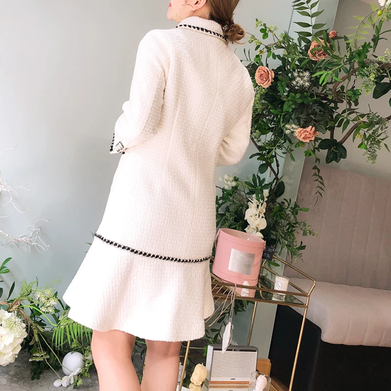 price cut  Autumn White Wool Tweed Women's Jackets Coats Single Breasted Ruffles Long Sleeve Slim Office Femal