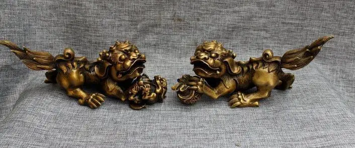 

Chinese Royal Pure Bronze Evil Fu Foo Dog lion play bead Kylin PiXiu pair