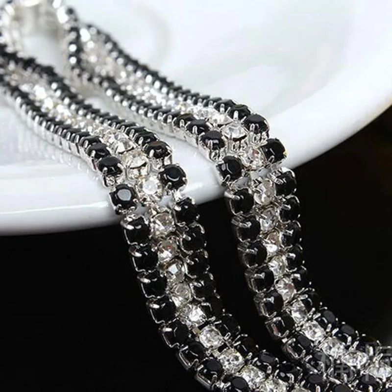 

2Yards Black Clear Crystal 3 Rows Rhinestone Chain DIY Sew On Silver Base Density Trim Strass Crystal Cup Chains DIY