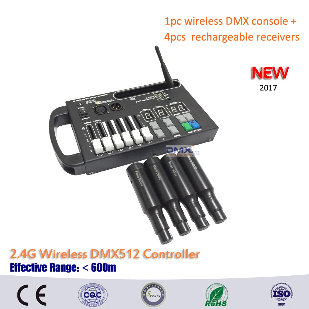 Dhl free grátis 1 pc 54ch sem fio dmx dmx console e 4 pcs construído em bateria recarregável sem fio receptores para estágio em movimento.