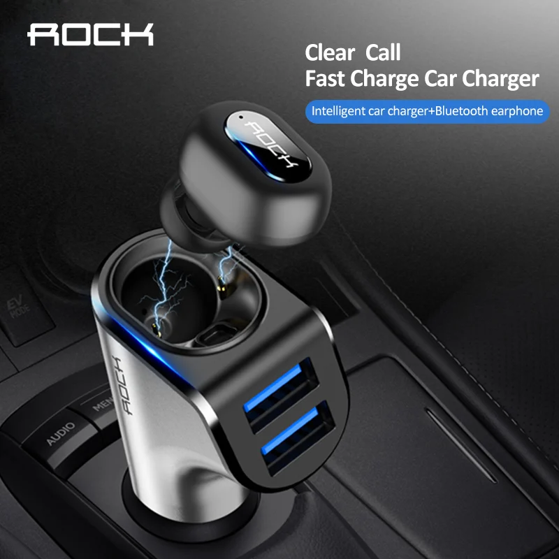 

ROCK USB Car Charger Adapter With Wireless Bluetooth Earphone in Ear Microphone Handsfree Earphones For iPhone 7 Samsung Huawei
