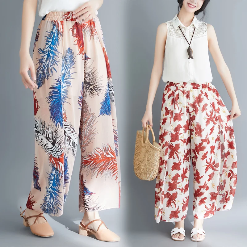 #0666 Split Chiffon Pants Women Beach Bohemian Wide Leg Pants Female Printed Loose Vintage Pants Ladies Summer Trousers Womens #0666 Split Chiffon Pants Women Beach Bohemian Wide Leg Pants Female Printed Loose Vintage Pants Ladies Summer Trousers Womens