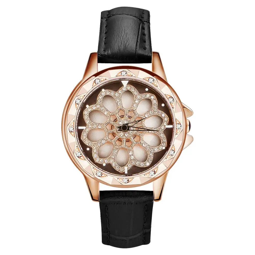 

2018 New Women 360 degrees Rotated Hollow Flower Round Dial Genuine Leather Band Quartz Analog Wrist Watch relogio feminino