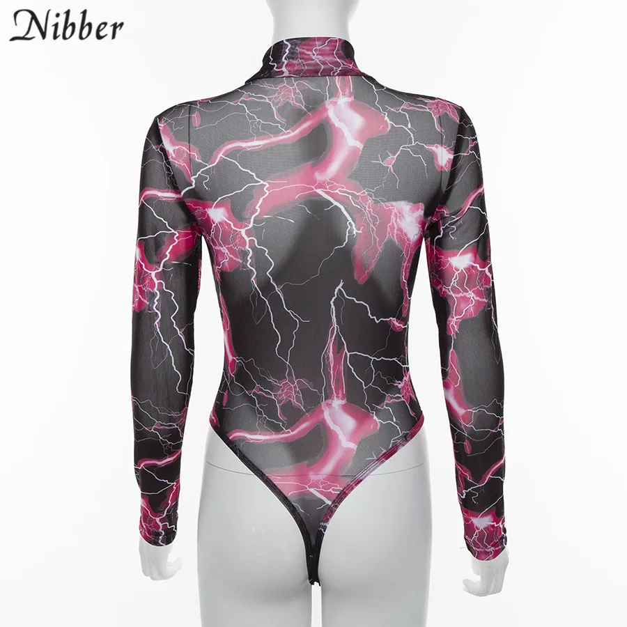 Nibber spring Mesh print Elastic Slim full sleeve bodysuits2019fashion Basic ladies High street casual wear Soft Casual bodysuit