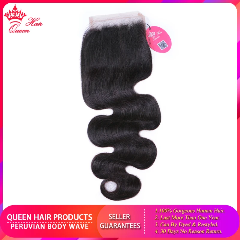 Queen Hair Products Lace closures Human Hair Body Wave Free Part 4 x 4 Natural Color 1B 100% Human Virgin Hair