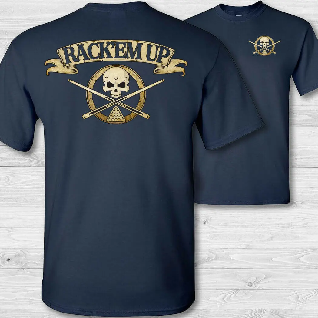

Double Side Billiards Crossbones T-Shirt - Rack'Em Up Shirt Pool Shark Skull Badge Tee Shirt Sweatshirt
