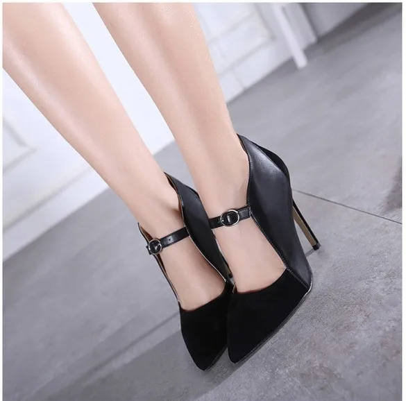 Fashion Sexy Round Toe Pu Leather Thin Heels Black Pumps Shoes for Women s Pumps Slip