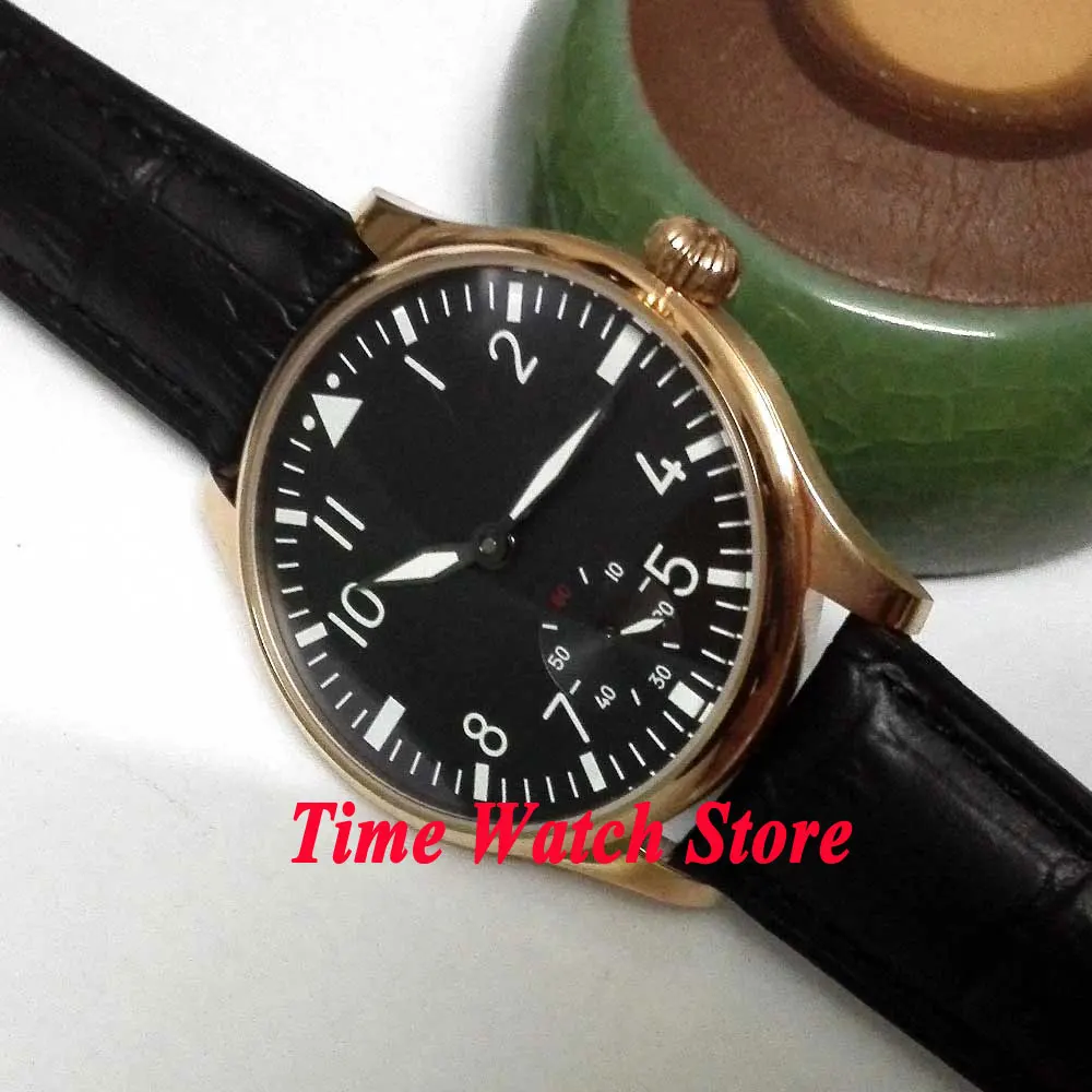 

Parnis 44mm black dial luminous Golden case black leather strap 6498 hand winding movement Men's watch 252C