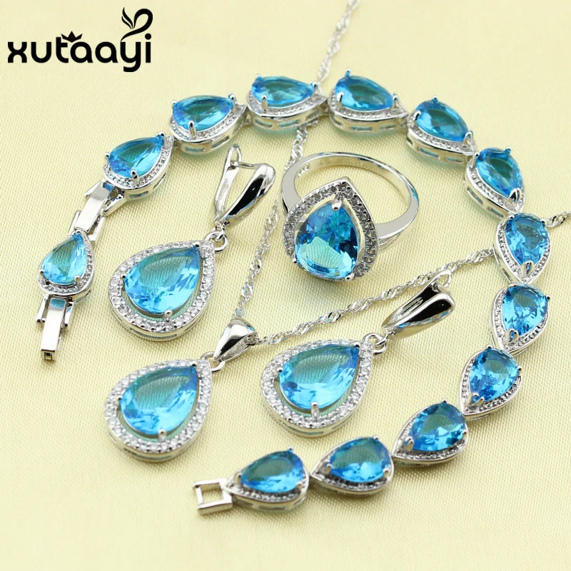 

925 Silver Wedding Jewelry Set For Women 925 Silver Water Drop Blue Cubic Zirconia Bracelet Earrings Necklace Pendant Rings