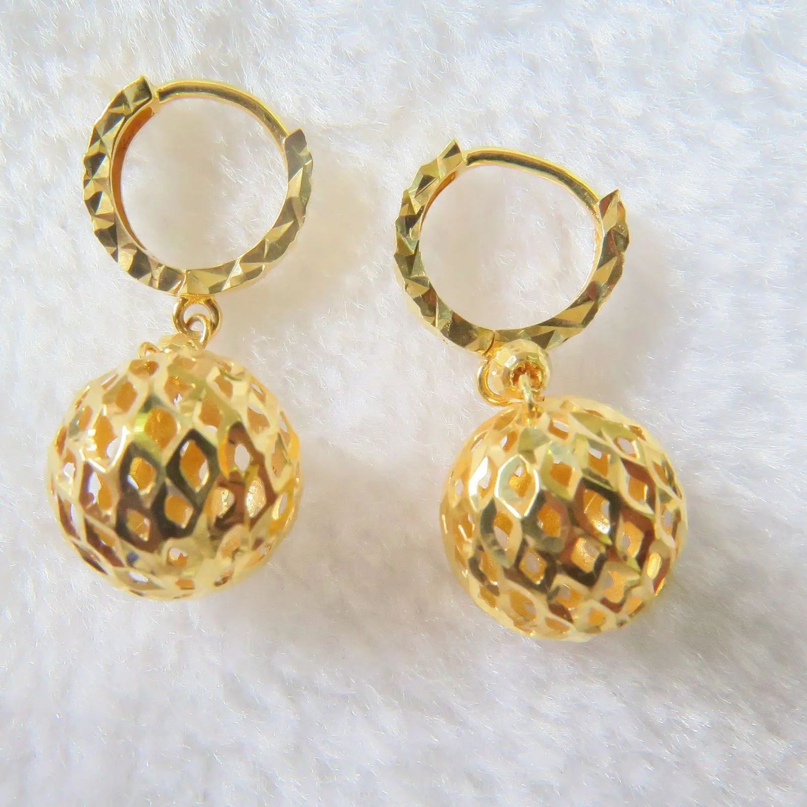 

New Solid 18K Yellow Gold Dangle Earrings 30mm H Ball Charm Earrings Au750