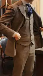 Коричневый твид мужской костюм последние конструкции пальто брюки 3 Piecse (куртка + брюки + жилет + галстук) Slim Fit индивидуальный заказ жениха