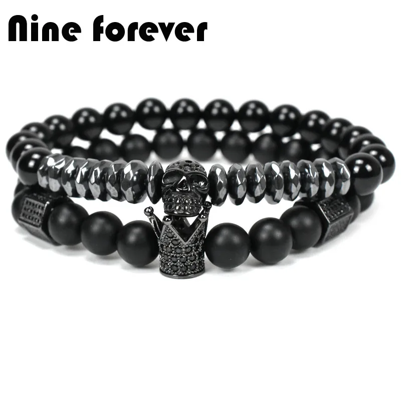 Браслет с короной и бусинами из натурального камня Nine forever мужские ювелирные