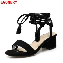 EGONERY Vintage Boho de Encaje Tobillo Nobuck Gamuza Mujeres Estilo Verano Sandalias Huarache Tacones Cuadrados Zapatos de Las Señoras Más El Tamaño 47