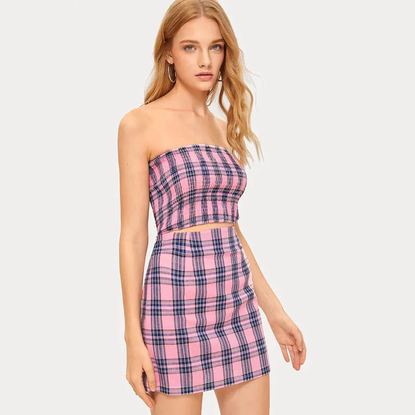 

Summer 2 Pieces Set Women Pink Plaid Checker Strapless Top + Skirt Elastic On Bust Holiday Sexy Women's Set S97191
