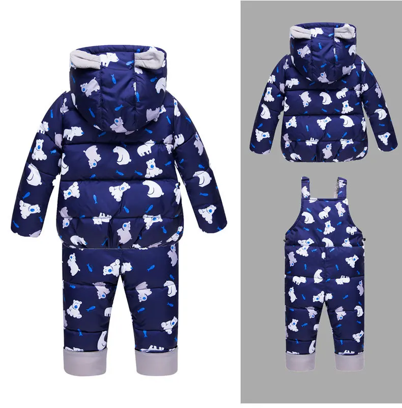 New kids down bear printed suits Children's duck down Outerwear&Coats with cap+Bib pants 2pcs boys girls winter warm set