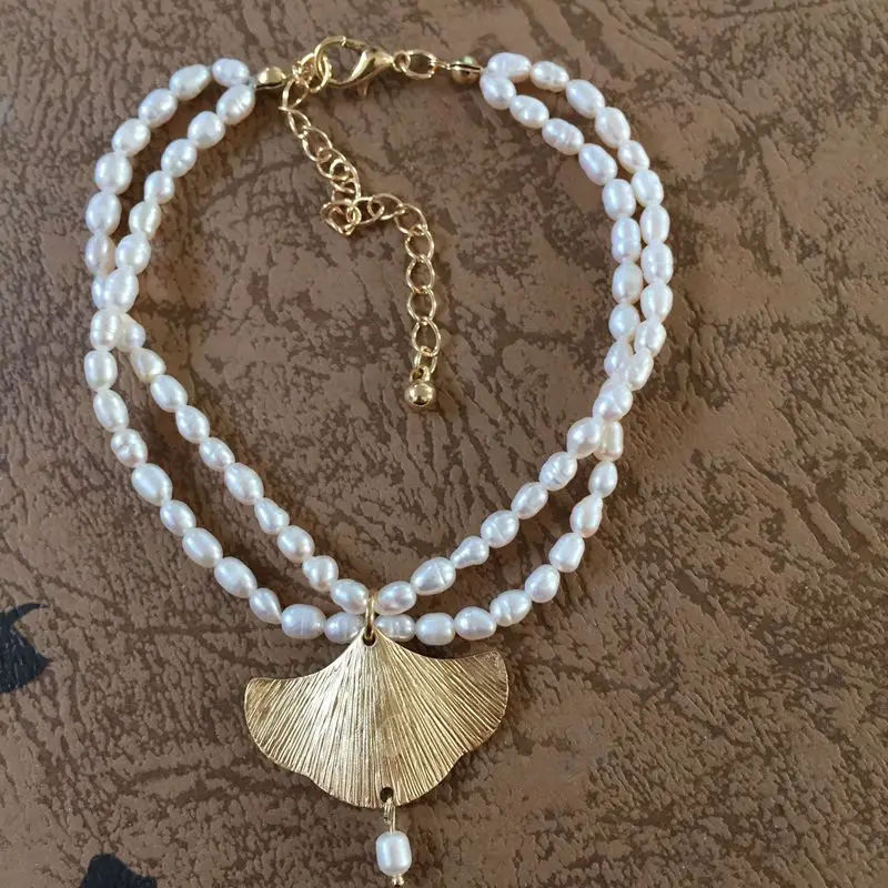 

Free Shipping New Design Double Strands Fresh Water Pearl Sweet Cute Apricot Leaves Bracelet
