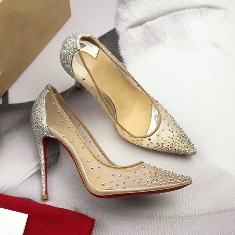 

Size 34-41 Mesh Air Crystal Women Pumps 10.5 7.5 Glitter Shallow Mouth Stilettos High Heels Woman Party Wedding Shoe