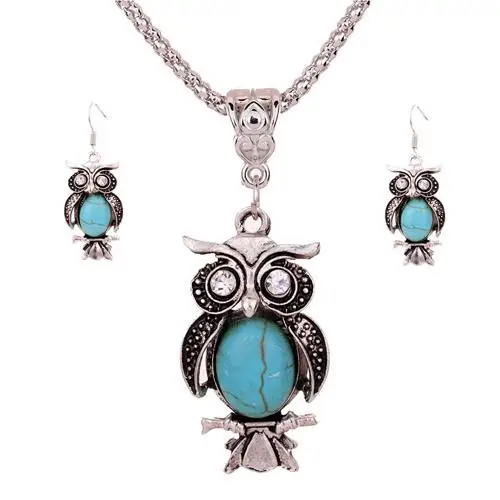 

Women's Vintage Owl Turquoise Hook Earrings Necklace Cocktail Party Jewelry Set new