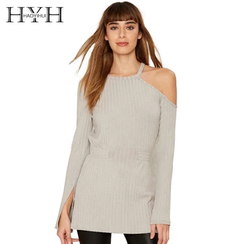 

HYH HAOYIHUI Solid Gray Women Sweaters One Shoulder Long Sleeve Asymmetrical Crew Collar Casual Tops Side Split Slim Sweaters