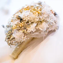 Bride Drop Brooch bouquet custom made Wedding Ivory & white Golden Jewelry Bride ‘s bridal bouquets Teardrop Organza flowers
