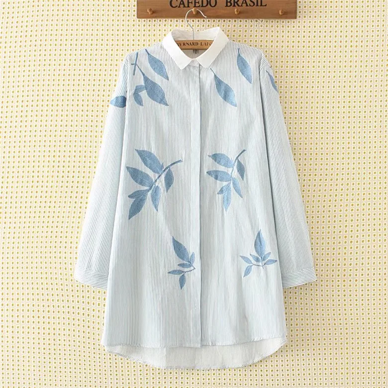 Leaves Embroidery Long Sleeve Women Blouses And Shirts Blue Female Ladies Casual Shirt Tops Plus Size Blusas Blouse Plus Size