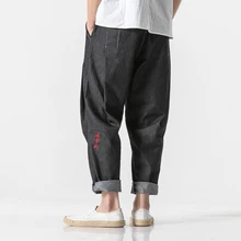 MRDONOO мужские хлопковые джинсы-шаровары, мужские брюки-карго в китайском стиле с вышивкой, брюки с буквами, джинсовые уличные брюки больших размеров