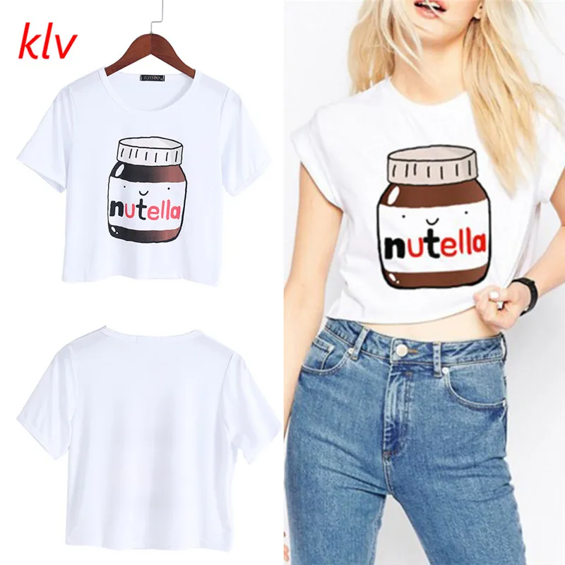 

2017 Harajuku Summer Women T-shirt Nutella Print White Crop Tops Short Sleeve T shirts Fashion Kawaii T-shirt