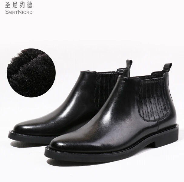 Новое поступление; черные мужские зимние ботильоны с круглым носком; высококачественные ботинки челси из натуральной кожи без застежки; chaussure homme; большие размеры 44