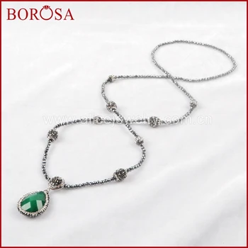 

BOROSA Teardrop Australia Green Stone Faceted Pendant Necklace Pave Zircon With Black/Green Beads Chain 30'' Necklace JAB396