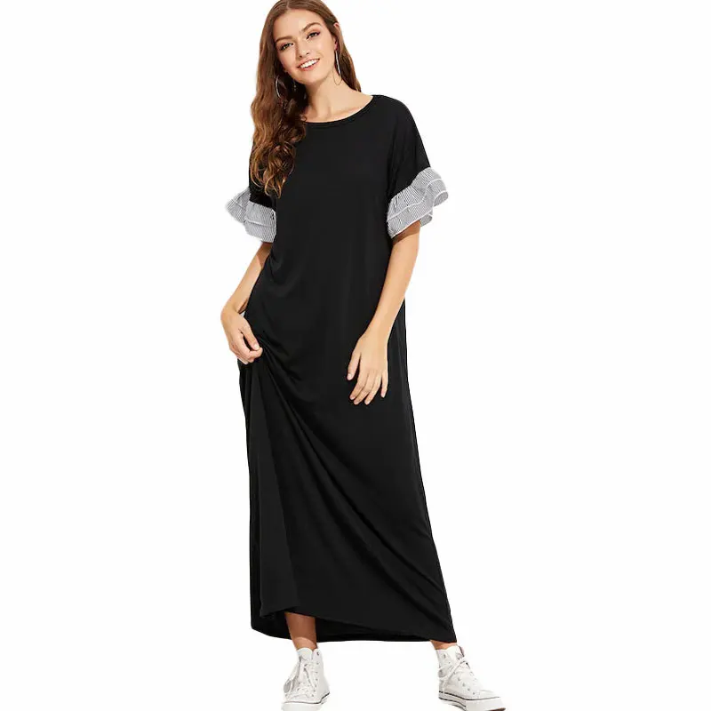 

Women Loose Long Maxi Dress 2019 Summer Boho Style Lace stitching Beach Sexy Dress Short Sleeve Party Dress vestidos de fiesta