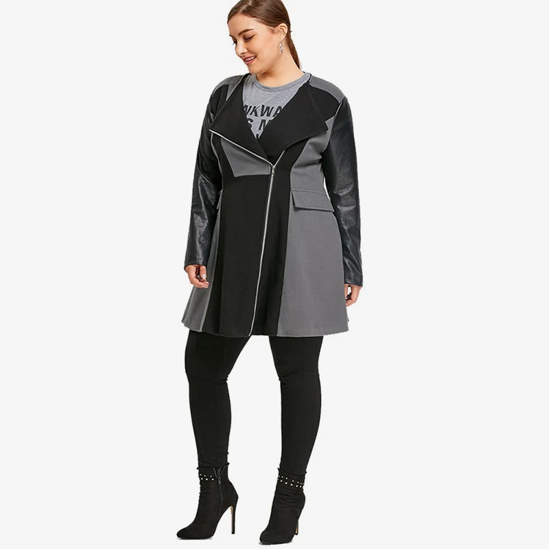 Patchwork Zipper Cotton Women's Coats Long Sleeve V-Neck Gothic Gray Khaki Woman Trench 2018 Autumn Winter Female Overcoat 5XL