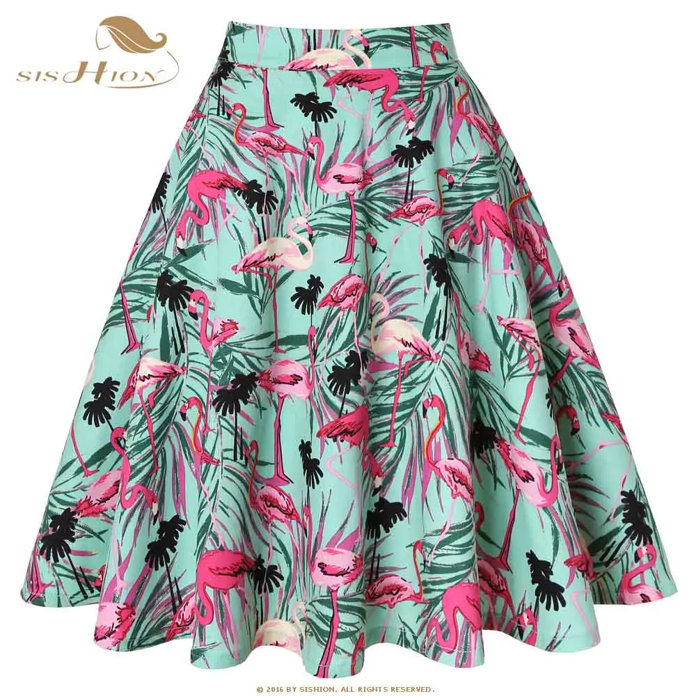 

SISHION Summer Flamingo Print Skirts Cotton Women Ladies School A Line Knee Length High Waist Green Swing Vintage Skirt VD0020