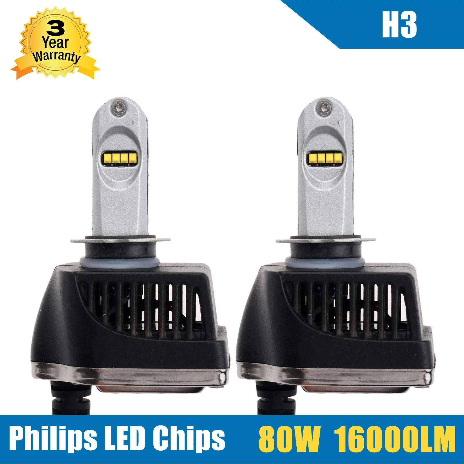 

2x 80W 16000LM H3 LED Headlight Conversion Kit High/Low Beam Bulb 5700-6000K Car Truck HID Replacement Super Bright Headlamp
