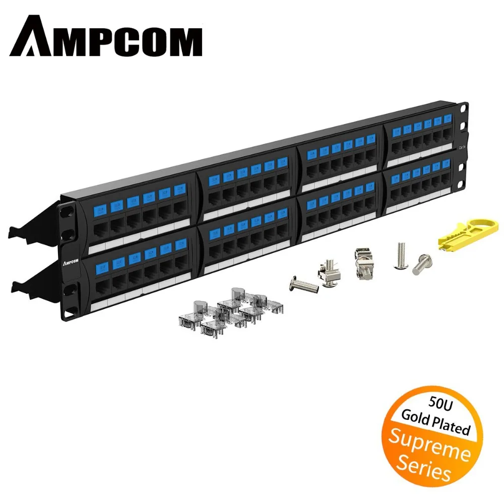 

AMPCOM Supreme Series CAT5/5e Patch Panel, 50U Gold Plated, 2U 48-Port Rackmount or Wallmount Punch Down Patch Panel