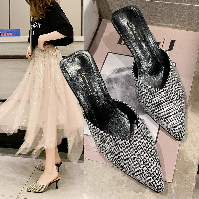 2019 Houndstooth و غريبة نمط النساء البغال واشار تو عالية الكعب النساء مضخات أنيقة النساء مكتب أحذية g222