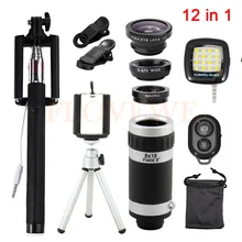12in1 телефон Камера объектив Комплект 8X зум телеобъективов рыбий глаз Широкий формат макрообъектив с мобильными штатив клипы Selfie Flash свет