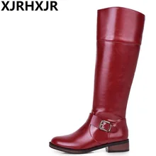 XJRHXJR/ г. новые женские высокие сапоги на осень-зиму модные мотоциклетные сапоги с пряжкой женские высокие сапоги до колена на молнии сбоку