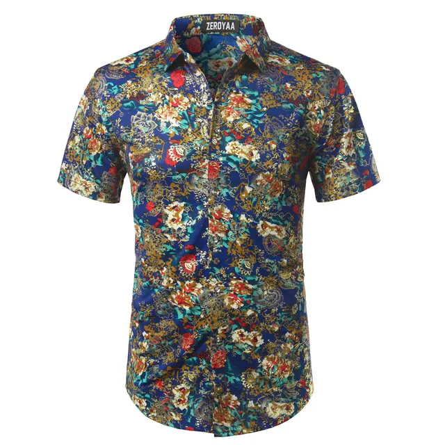 Floral Print Mens Dress Shirts 2018 Brand Design Silk Shirt Men Short