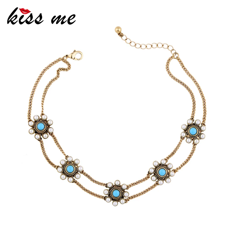 

KISS ME Simulated Pearls Flowers Choker 2017 New Antique Gold Color Vintage Choker Necklace Women Bijoux