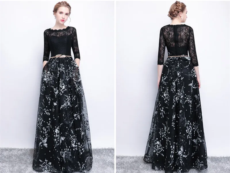 SOCCI халат De Soiree Новое Нарядное вечернее платье невесты простые черные кружева шить 3/4 длинными рукавами выпускного вечера вечерние платья