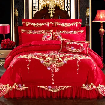 

Luxury Satin jacquard Bedding Set red Embroidery Duvet Cover+bedspread+4 Pillowcases +2 square pillowcase King Queen Size