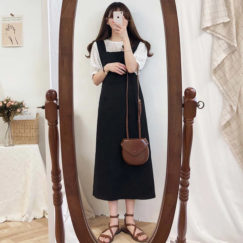 

2 colors 2019 korean chic style Women long Dress Casual Sundress Spaghetti Strap Suspender Dress Vestidos Feminino (C6477)
