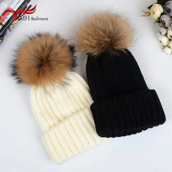 

Fashion Knitted Hat Children Female Winter Women Thread Knit Beanies Cap Real Raccoon Fur Pompom Hats Caps Girl #78