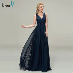 DressV Длинные платье подружки невесты V Средства ухода за кожей Шеи трапециевидной формы без рукавов цветы Пояса Ленты складки шифона Наряды